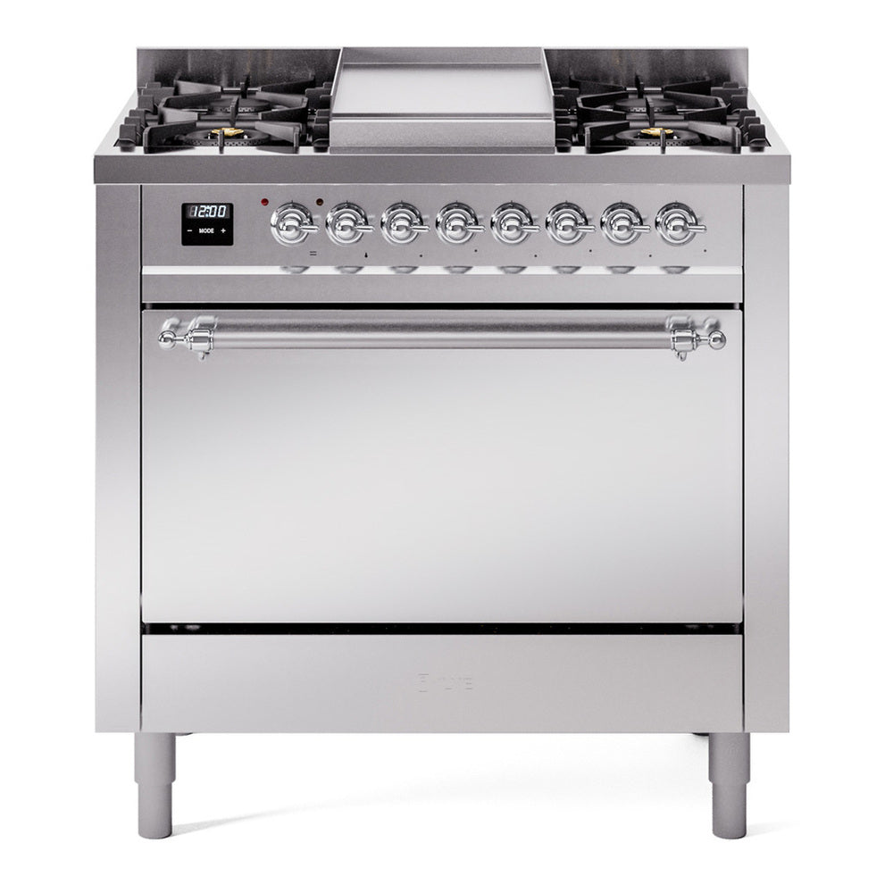 ILVE Nostalgie II 36" Dual Fuel Range - 6 Burners + Griddle, 3.5 cu. ft. Oven - Solid Door - Stainless Steel / Chrome / Natural Gas