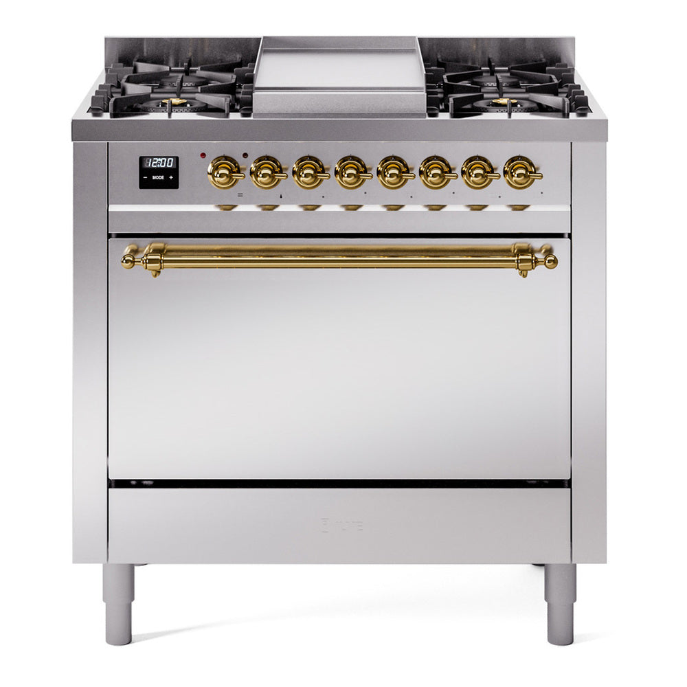 ILVE Nostalgie II 36" Dual Fuel Range - 6 Burners + Griddle, 3.5 cu. ft. Oven - Solid Door - Stainless Steel / Brass / Natural Gas