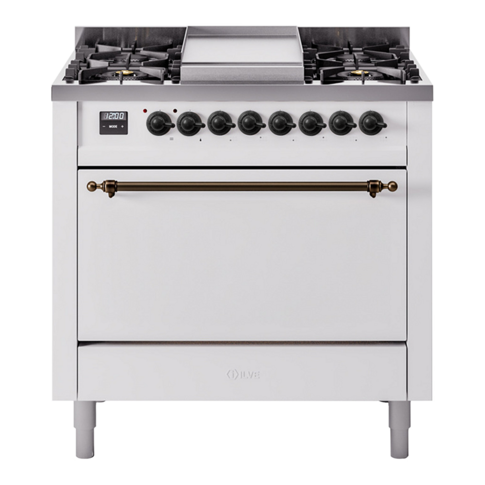 ILVE Nostalgie II 36" Dual Fuel Range - 6 Burners + Griddle, 3.5 cu. ft. Oven - Solid Door - White / Bronze / Natural Gas