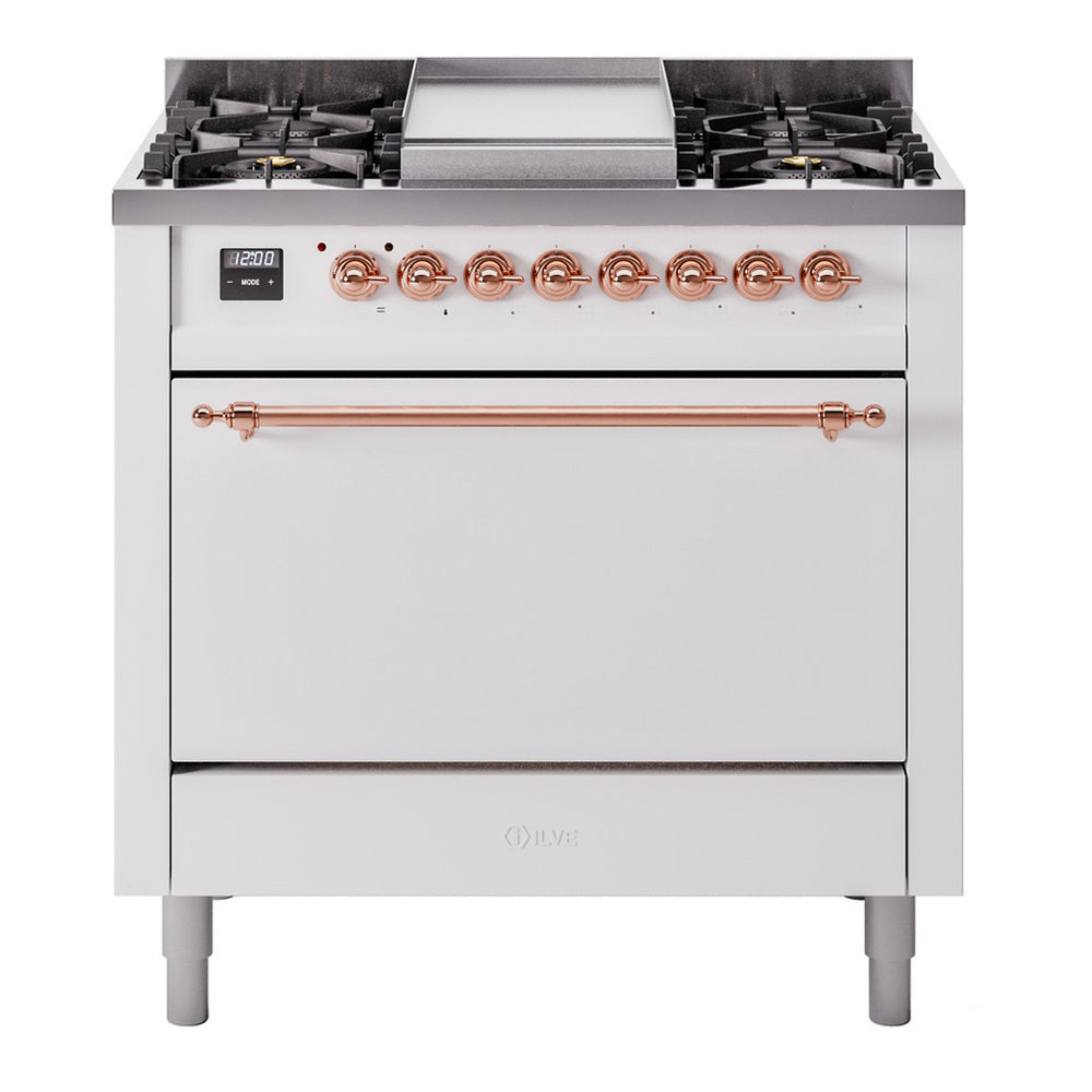 ILVE Nostalgie II 36" Dual Fuel Range - 6 Burners + Griddle, 3.5 cu. ft. Oven - Solid Door - White / Copper / Natural Gas