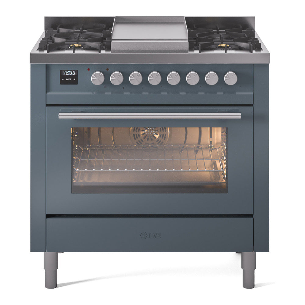 ILVE Professional Plus II 36" Dual Fuel Range - 6 Burners + Griddle, 3.5 cu. ft. Oven - Triple Glass Door - Blue Grey / Natural Gas