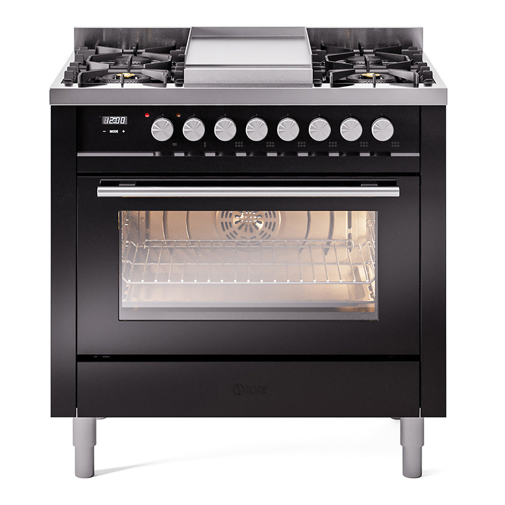 ILVE Professional Plus II 36" Dual Fuel Range - 6 Burners + Griddle, 3.5 cu. ft. Oven - Triple Glass Door - Glossy Black / Natural Gas
