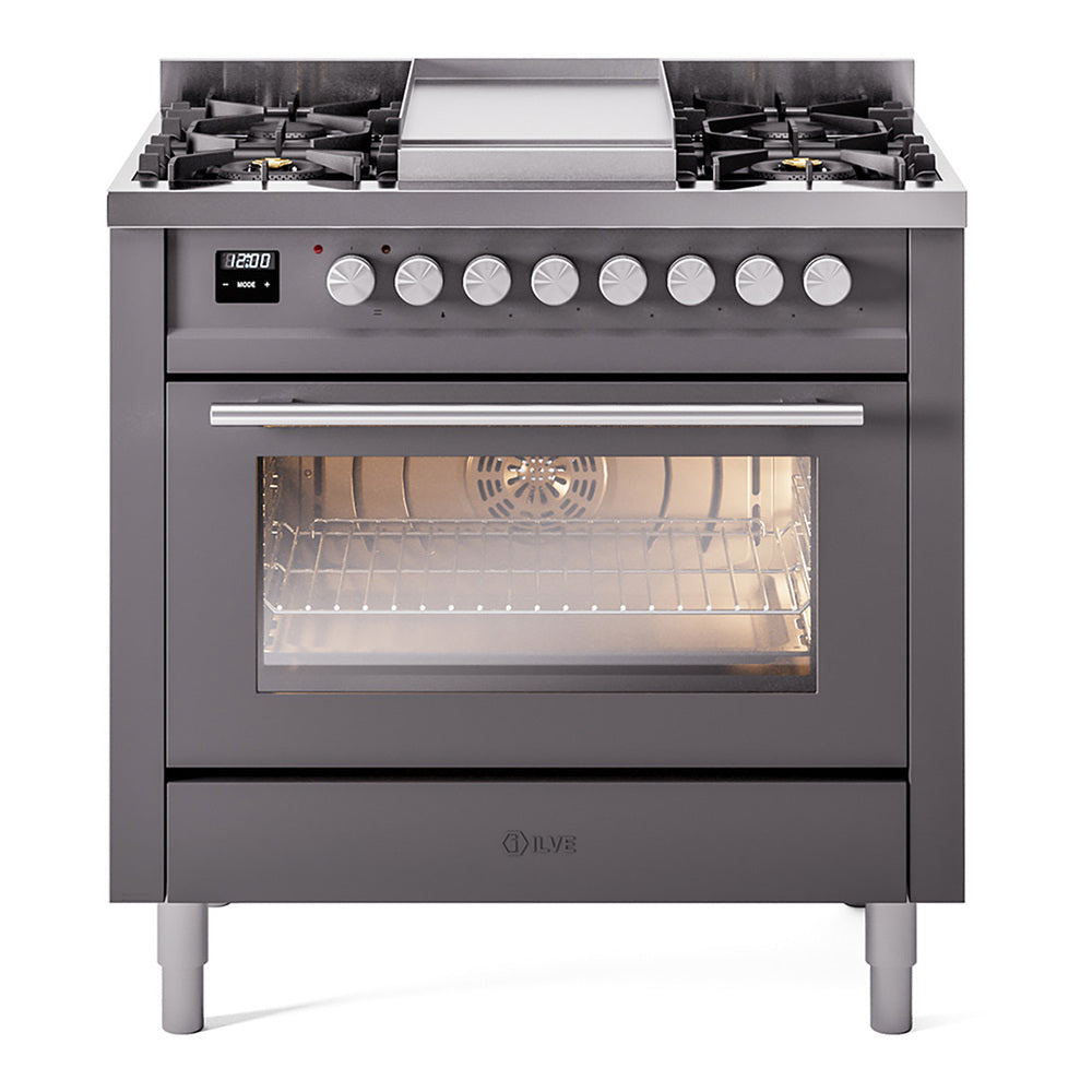 ILVE Professional Plus II 36" Dual Fuel Range - 6 Burners + Griddle, 3.5 cu. ft. Oven - Triple Glass Door - Graphite Matte / Natural Gas