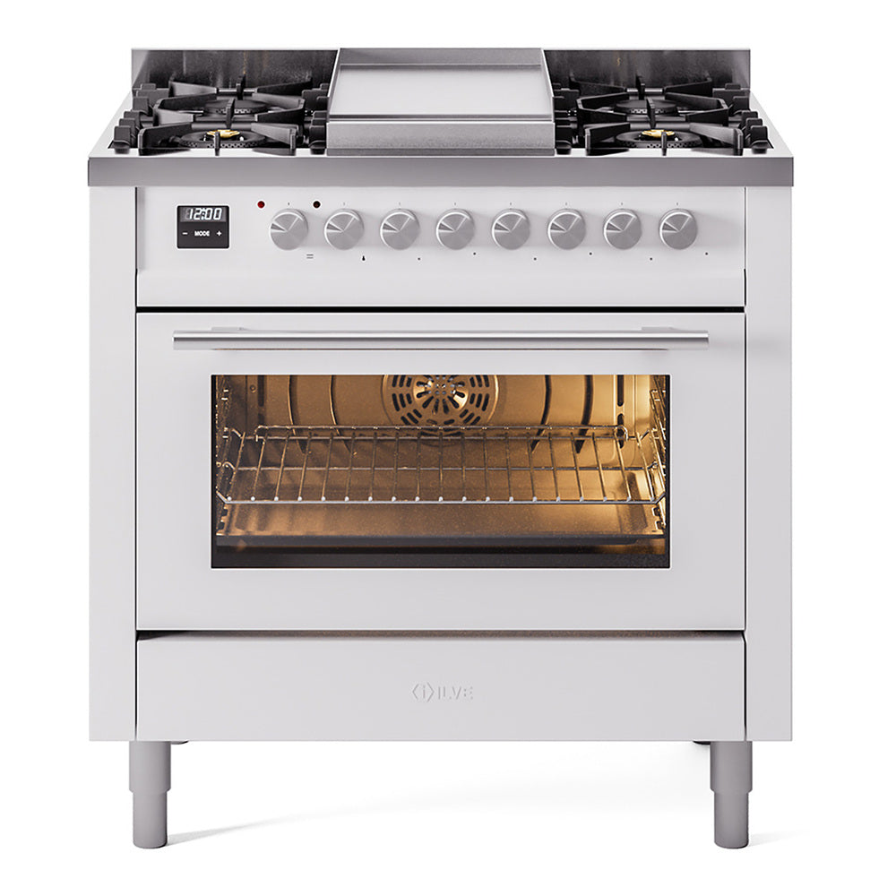 ILVE Professional Plus II 36" Dual Fuel Range - 6 Burners + Griddle, 3.5 cu. ft. Oven - Triple Glass Door - White / Natural Gas