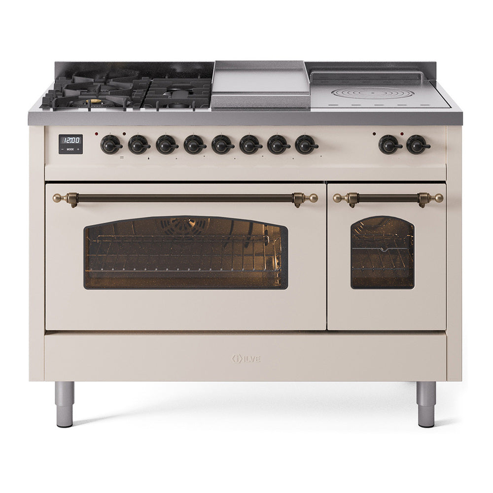 ILVE Nostalgie II 48" Dual Fuel Range - Double Ovens, 5 Burners + Griddle + French Top - Triple Glass Door - Antique White / Bronze / Natural Gas