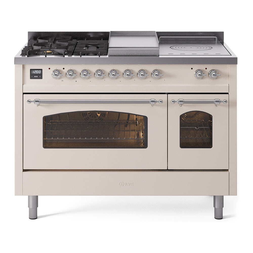 ILVE Nostalgie II 48" Dual Fuel Range - Double Ovens, 5 Burners + Griddle + French Top - Triple Glass Door - Antique White / Chrome / Natural Gas