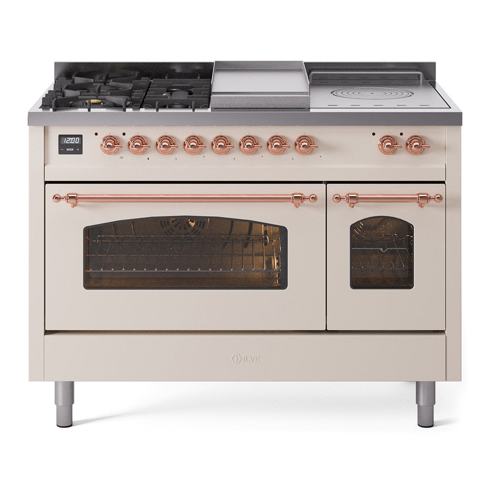 ILVE Nostalgie II 48" Dual Fuel Range - Double Ovens, 5 Burners + Griddle + French Top - Triple Glass Door - Antique White / Copper / Natural Gas