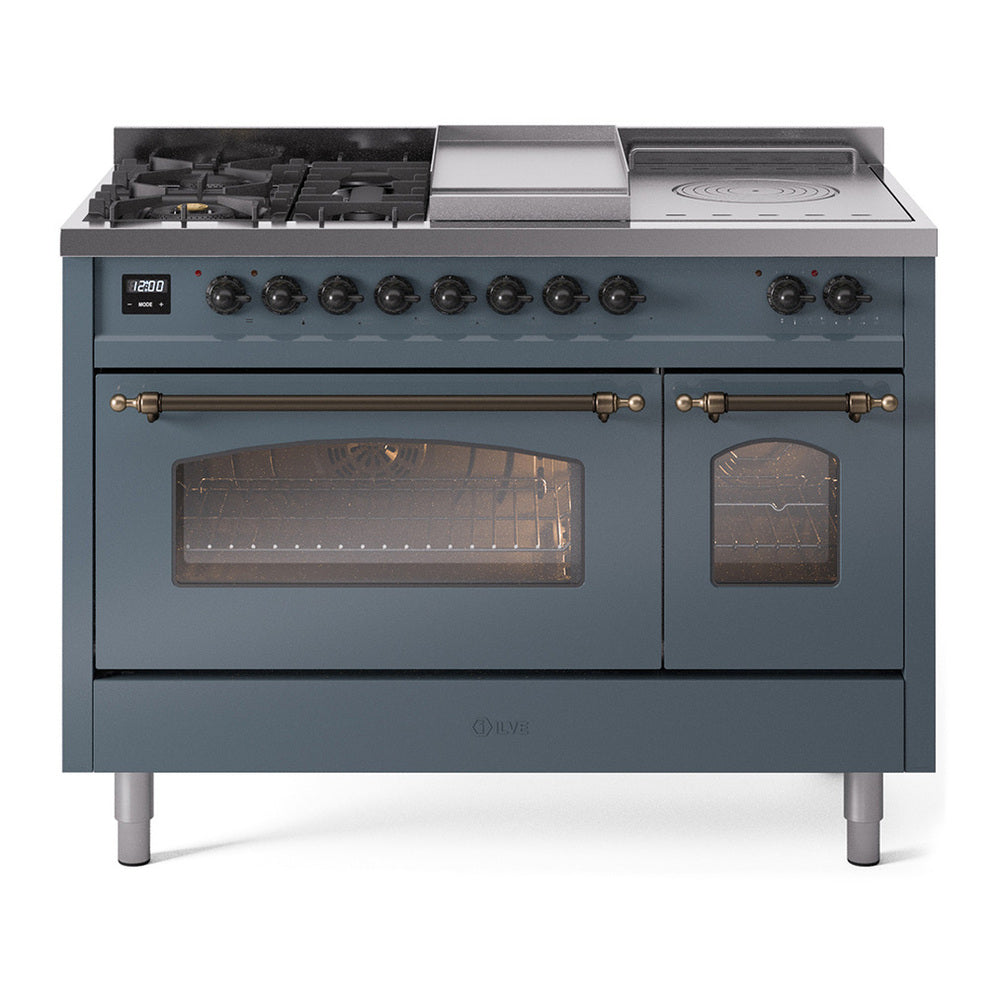 ILVE Nostalgie II 48" Dual Fuel Range - Double Ovens, 5 Burners + Griddle + French Top - Triple Glass Door - Blue Grey / Bronze / Natural Gas