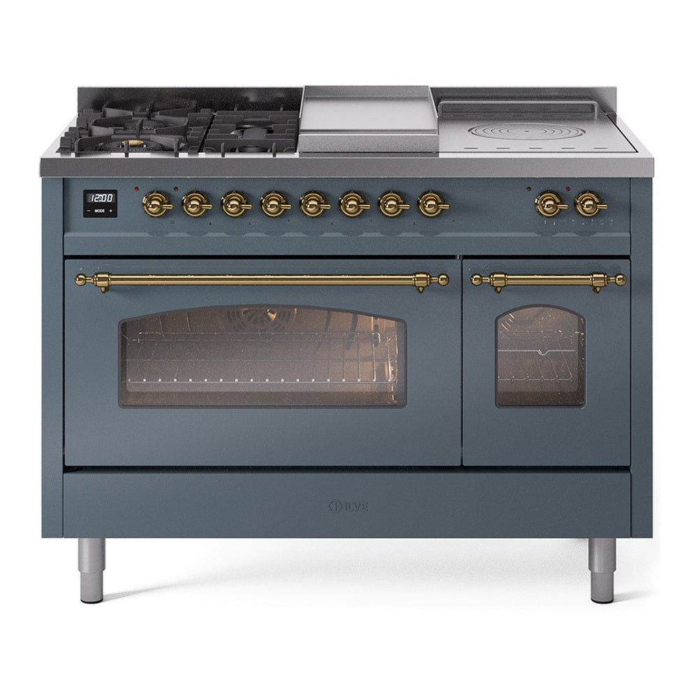 ILVE Nostalgie II 48" Dual Fuel Range - Double Ovens, 5 Burners + Griddle + French Top - Triple Glass Door - Blue Grey / Brass / Natural Gas