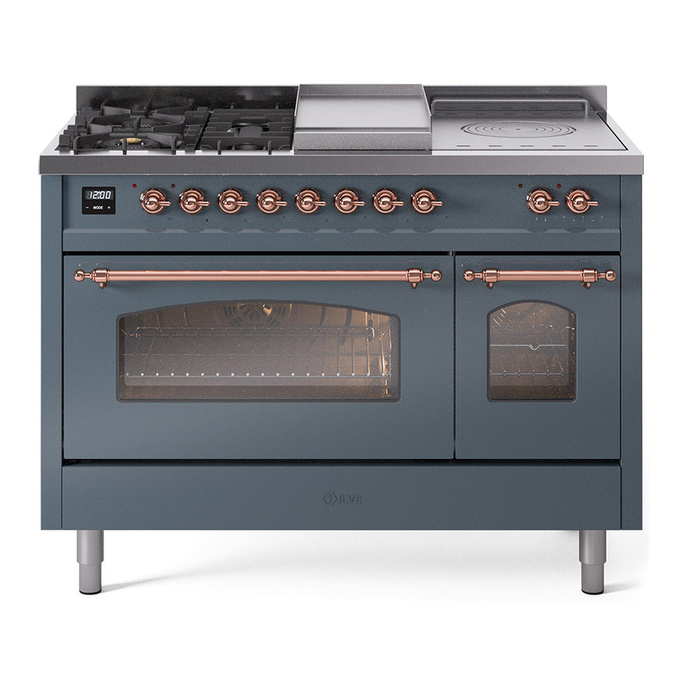 ILVE Nostalgie II 48" Dual Fuel Range - Double Ovens, 5 Burners + Griddle + French Top - Triple Glass Door - Blue Grey / Copper / Natural Gas