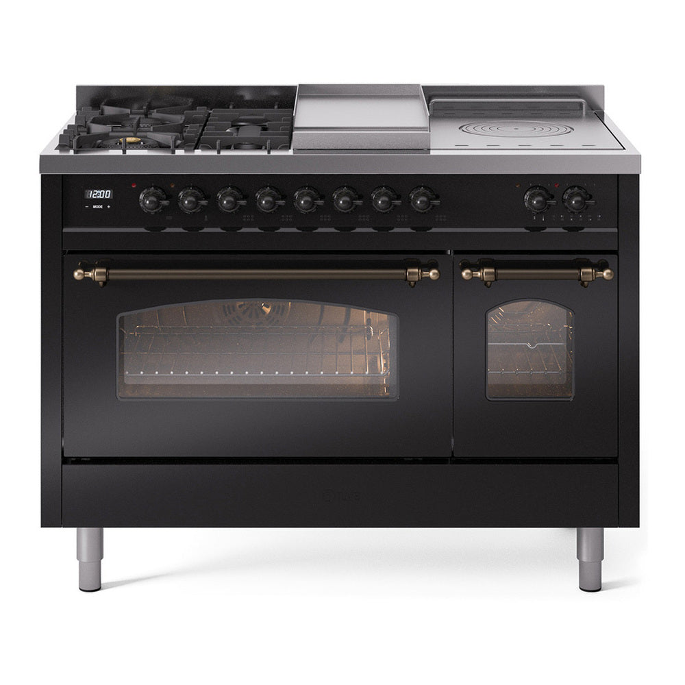 ILVE Nostalgie II 48" Dual Fuel Range - Double Ovens, 5 Burners + Griddle + French Top - Triple Glass Door - Glossy Black / Bronze / Natural Gas