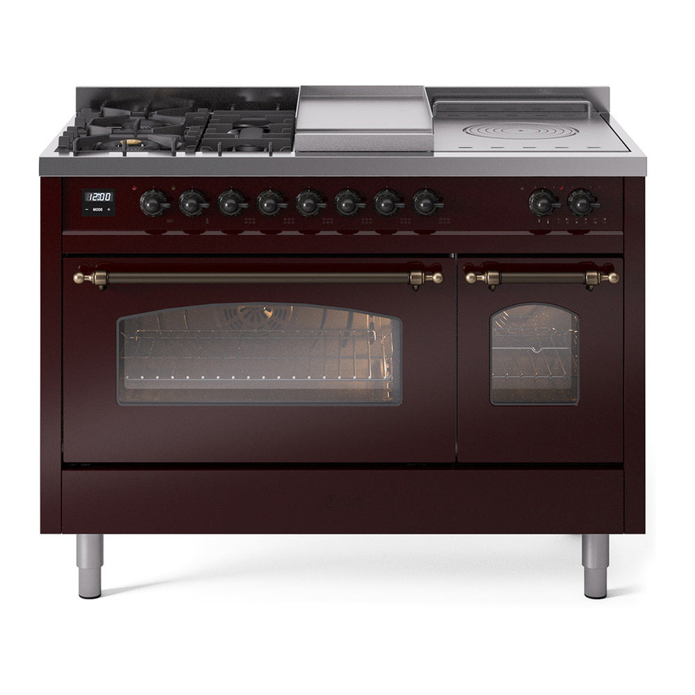 ILVE Nostalgie II 48" Dual Fuel Range - Double Ovens, 5 Burners + Griddle + French Top - Triple Glass Door - Burgundy / Bronze / Natural Gas