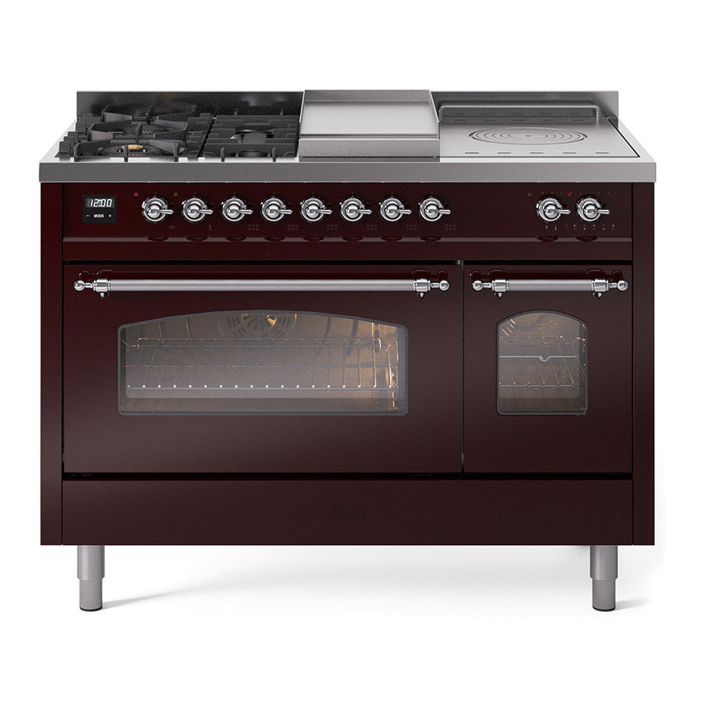 ILVE Nostalgie II 48" Dual Fuel Range - Double Ovens, 5 Burners + Griddle + French Top - Triple Glass Door - Burgundy / Chrome / Natural Gas