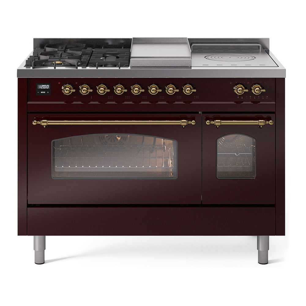 ILVE Nostalgie II 48" Dual Fuel Range - Double Ovens, 5 Burners + Griddle + French Top - Triple Glass Door - Burgundy / Brass / Natural Gas