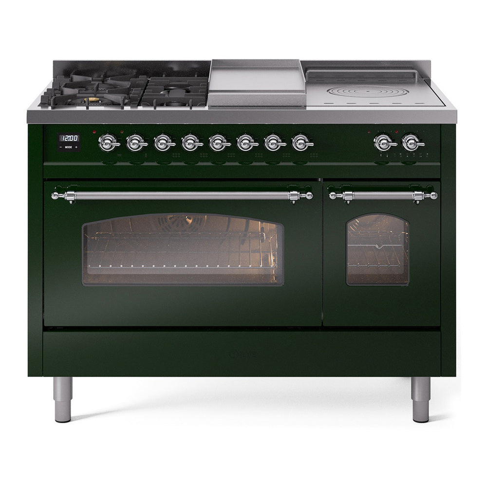 ILVE Nostalgie II 48" Dual Fuel Range - Double Ovens, 5 Burners + Griddle + French Top - Triple Glass Door - Emerald Green / Chrome / Natural Gas