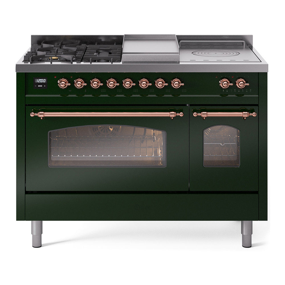 ILVE Nostalgie II 48" Dual Fuel Range - Double Ovens, 5 Burners + Griddle + French Top - Triple Glass Door - Emerald Green / Copper / Natural Gas
