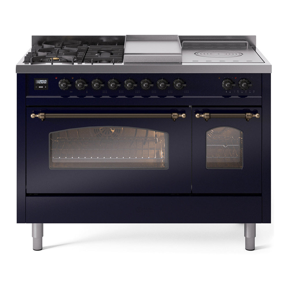 ILVE Nostalgie II 48" Dual Fuel Range - Double Ovens, 5 Burners + Griddle + French Top - Triple Glass Door - Midnight Blue / Bronze / Natural Gas