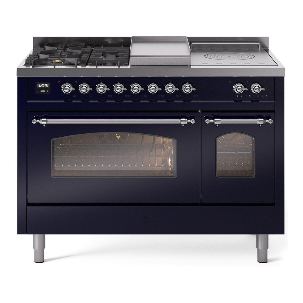 ILVE Nostalgie II 48" Dual Fuel Range - Double Ovens, 5 Burners + Griddle + French Top - Triple Glass Door - Midnight Blue / Chrome / Natural Gas