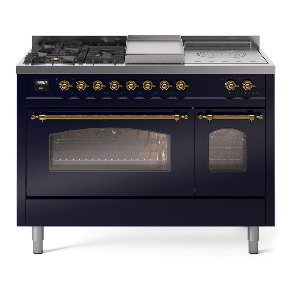 ILVE Nostalgie II 48" Dual Fuel Range - Double Ovens, 5 Burners + Griddle + French Top - Triple Glass Door - Midnight Blue / Brass / Natural Gas
