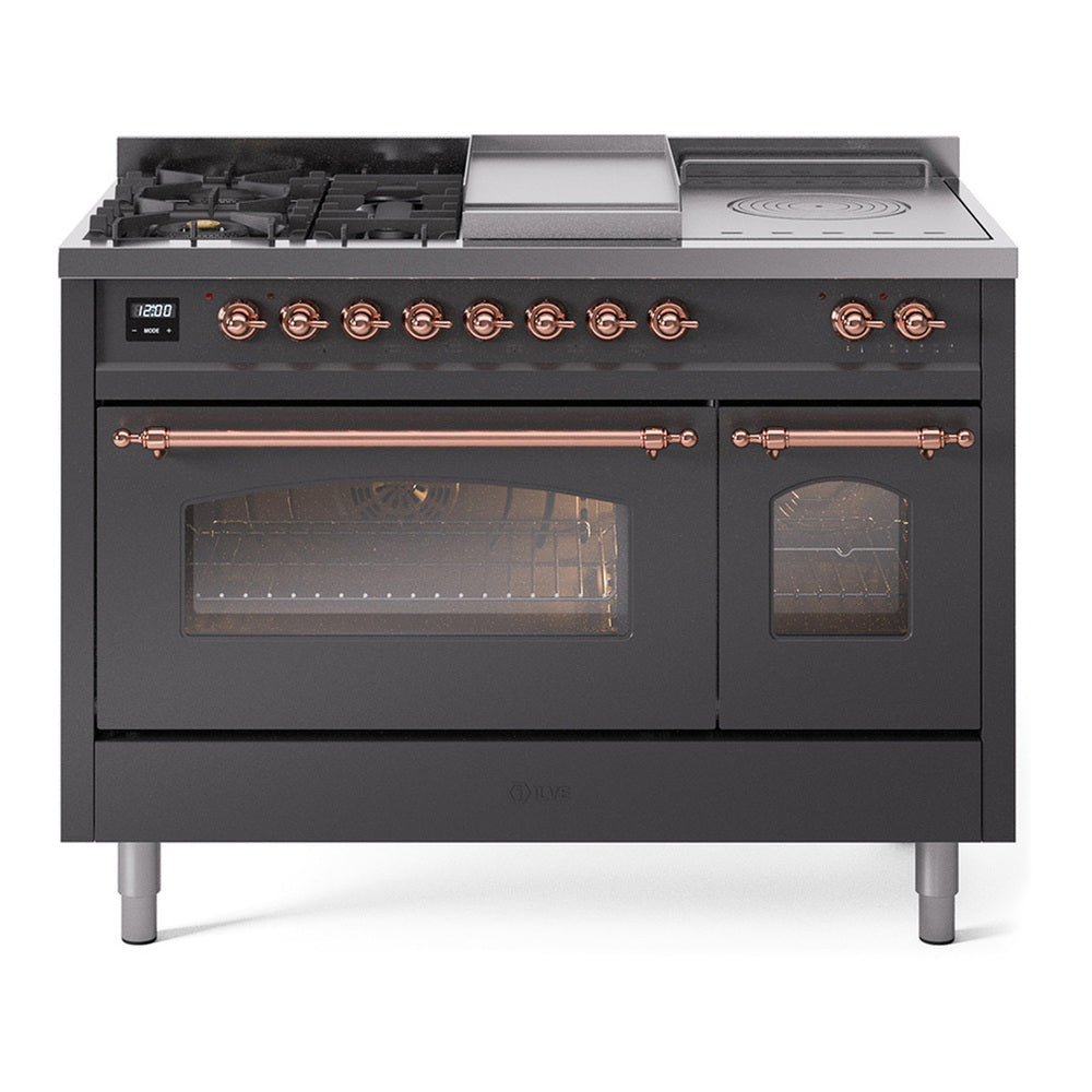 ILVE Nostalgie II 48" Dual Fuel Range - Double Ovens, 5 Burners + Griddle + French Top - Triple Glass Door - Graphite Matte / Copper / Natural Gas