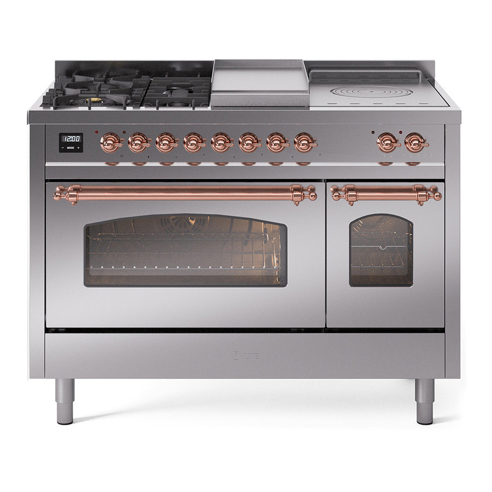 ILVE Nostalgie II 48" Dual Fuel Range - Double Ovens, 5 Burners + Griddle + French Top - Triple Glass Door - Stainless Steel / Copper / Natural Gas