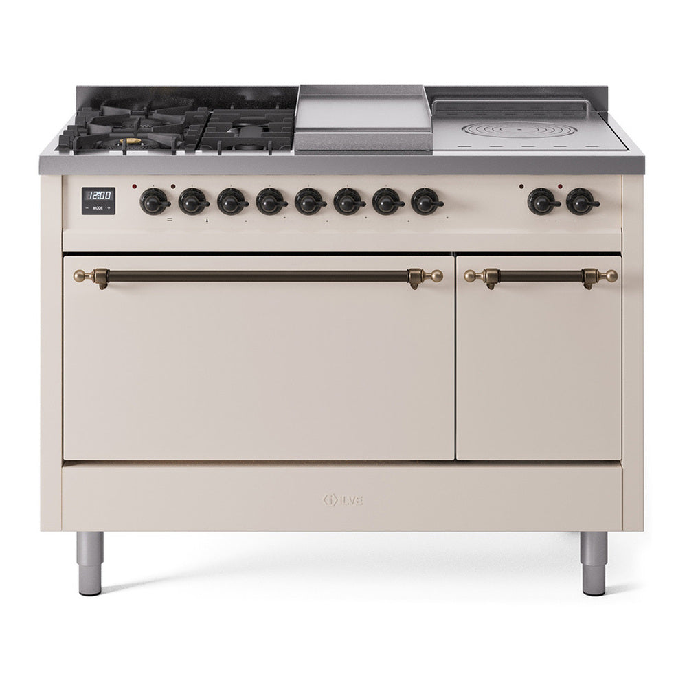 ILVE Nostalgie II 48" Dual Fuel Range - Double Ovens, 5 Burners + Griddle + French Top - Solid Door - Antique White / Bronze / Natural Gas