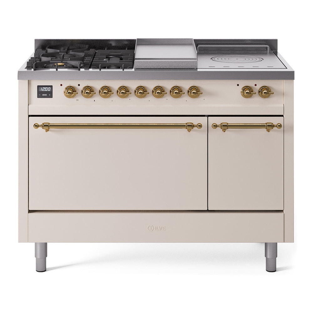 ILVE Nostalgie II 48" Dual Fuel Range - Double Ovens, 5 Burners + Griddle + French Top - Solid Door - Antique White / Brass / Natural Gas