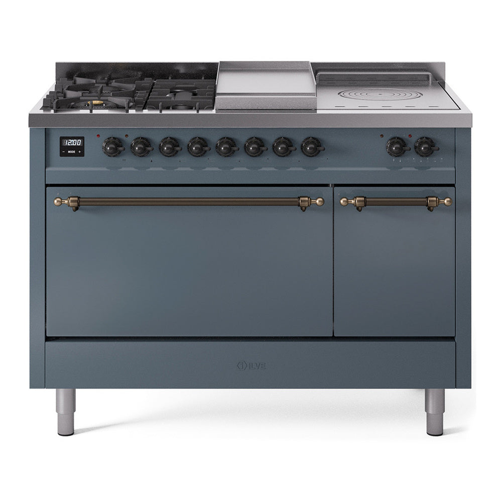 ILVE Nostalgie II 48" Dual Fuel Range - Double Ovens, 5 Burners + Griddle + French Top - Solid Door - Blue Grey / Bronze / Natural Gas