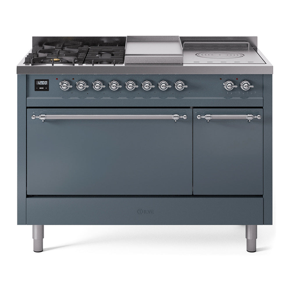 ILVE Nostalgie II 48" Dual Fuel Range - Double Ovens, 5 Burners + Griddle + French Top - Solid Door - Blue Grey / Chrome / Natural Gas