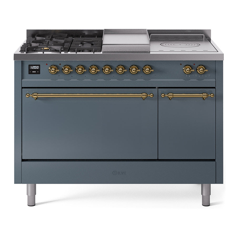 ILVE Nostalgie II 48" Dual Fuel Range - Double Ovens, 5 Burners + Griddle + French Top - Solid Door - Blue Grey / Brass / Natural Gas