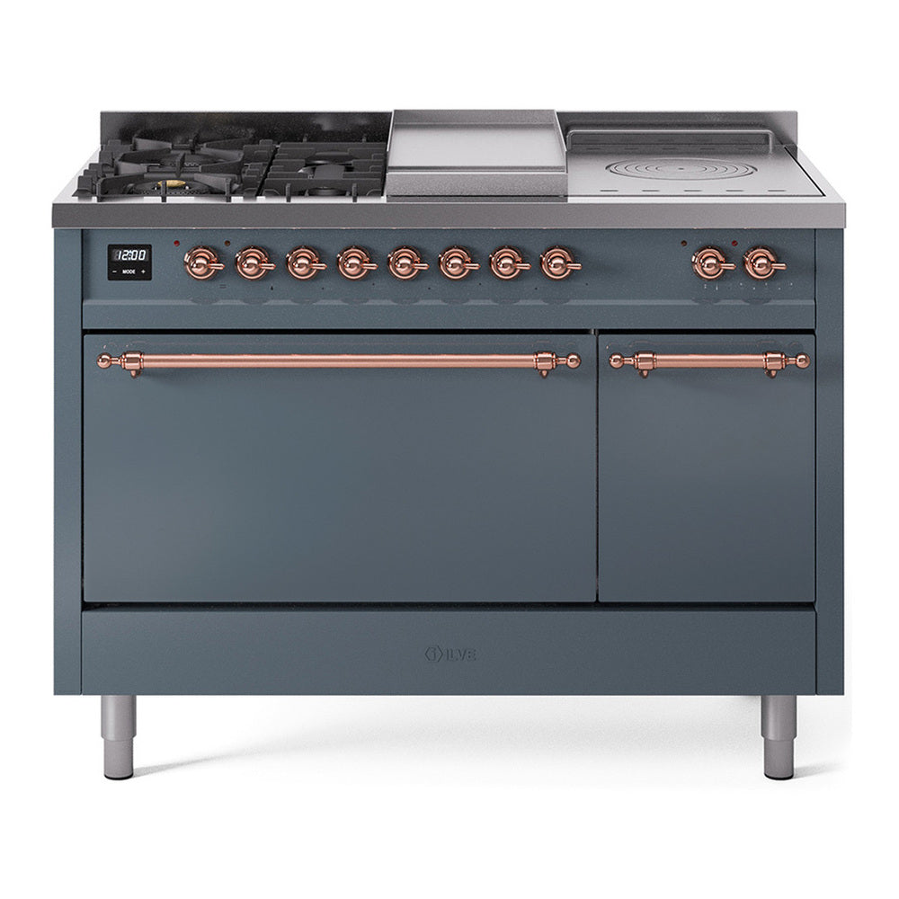 ILVE Nostalgie II 48" Dual Fuel Range - Double Ovens, 5 Burners + Griddle + French Top - Solid Door - Blue Grey / Copper / Natural Gas