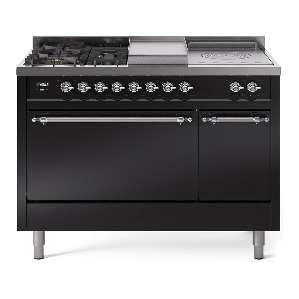 ILVE Nostalgie II 48" Dual Fuel Range - Double Ovens, 5 Burners + Griddle + French Top - Solid Door - Glossy Black / Chrome / Natural Gas