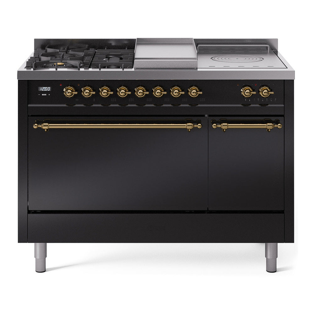 ILVE Nostalgie II 48" Dual Fuel Range - Double Ovens, 5 Burners + Griddle + French Top - Solid Door - Glossy Black / Brass / Natural Gas
