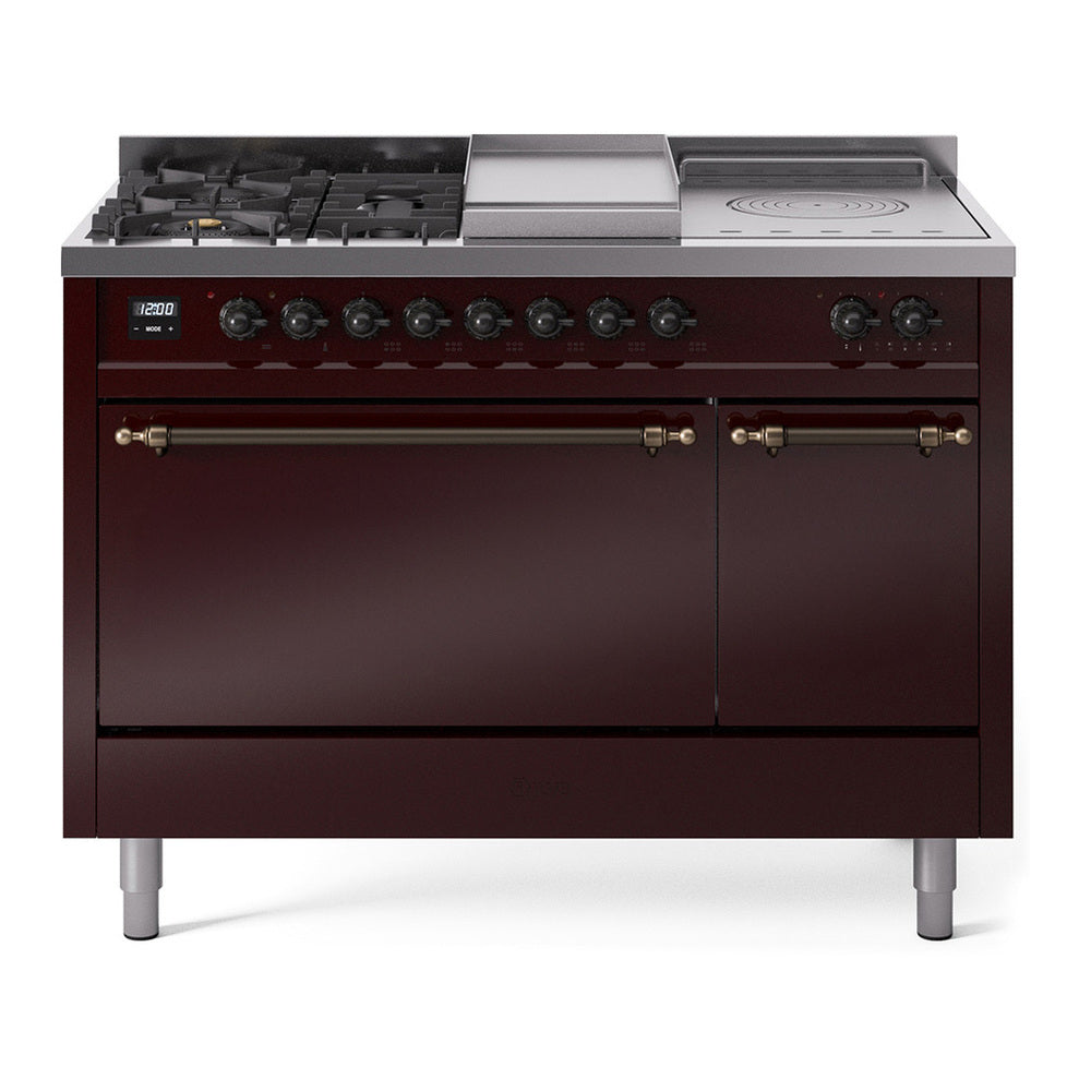 ILVE Nostalgie II 48" Dual Fuel Range - Double Ovens, 5 Burners + Griddle + French Top - Solid Door - Burgundy / Bronze / Natural Gas