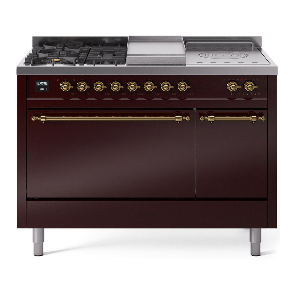ILVE Nostalgie II 48" Dual Fuel Range - Double Ovens, 5 Burners + Griddle + French Top - Solid Door - Burgundy / Brass / Natural Gas