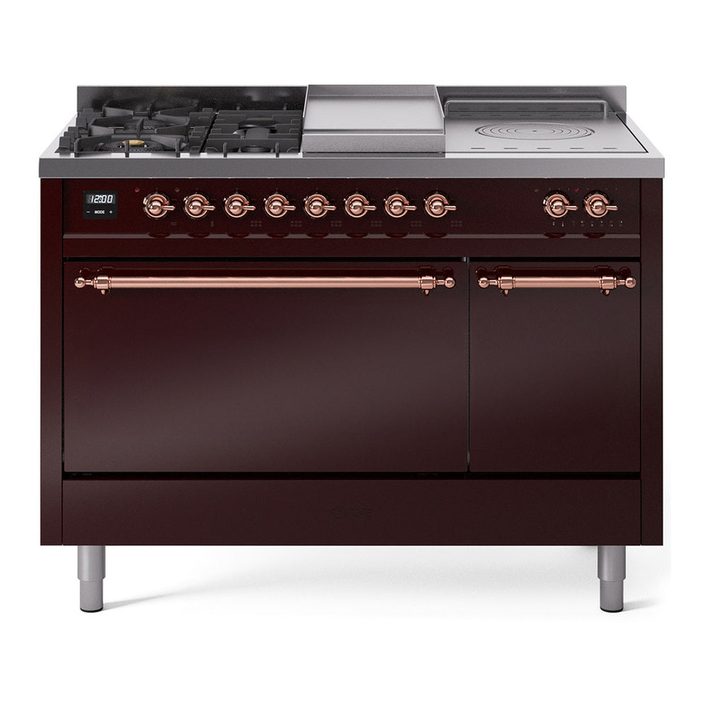 ILVE Nostalgie II 48" Dual Fuel Range - Double Ovens, 5 Burners + Griddle + French Top - Solid Door - Burgundy / Copper / Natural Gas