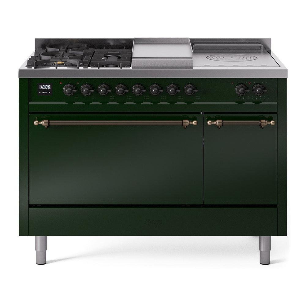 ILVE Nostalgie II 48" Dual Fuel Range - Double Ovens, 5 Burners + Griddle + French Top - Solid Door - Emerald Green / Bronze / Natural Gas