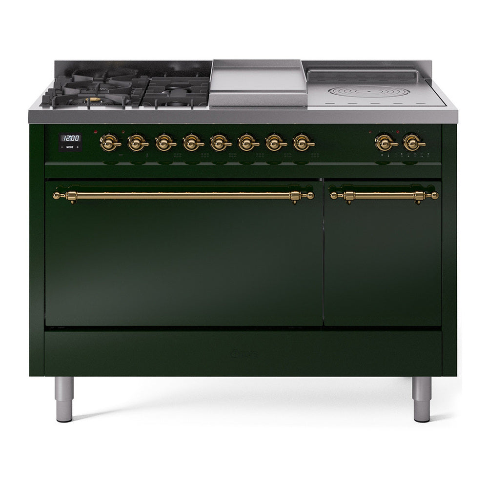 ILVE Nostalgie II 48" Dual Fuel Range - Double Ovens, 5 Burners + Griddle + French Top - Solid Door - Emerald Green / Brass / Natural Gas