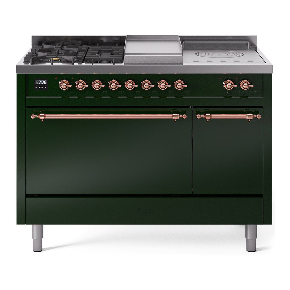 ILVE Nostalgie II 48" Dual Fuel Range - Double Ovens, 5 Burners + Griddle + French Top - Solid Door - Emerald Green / Copper / Natural Gas