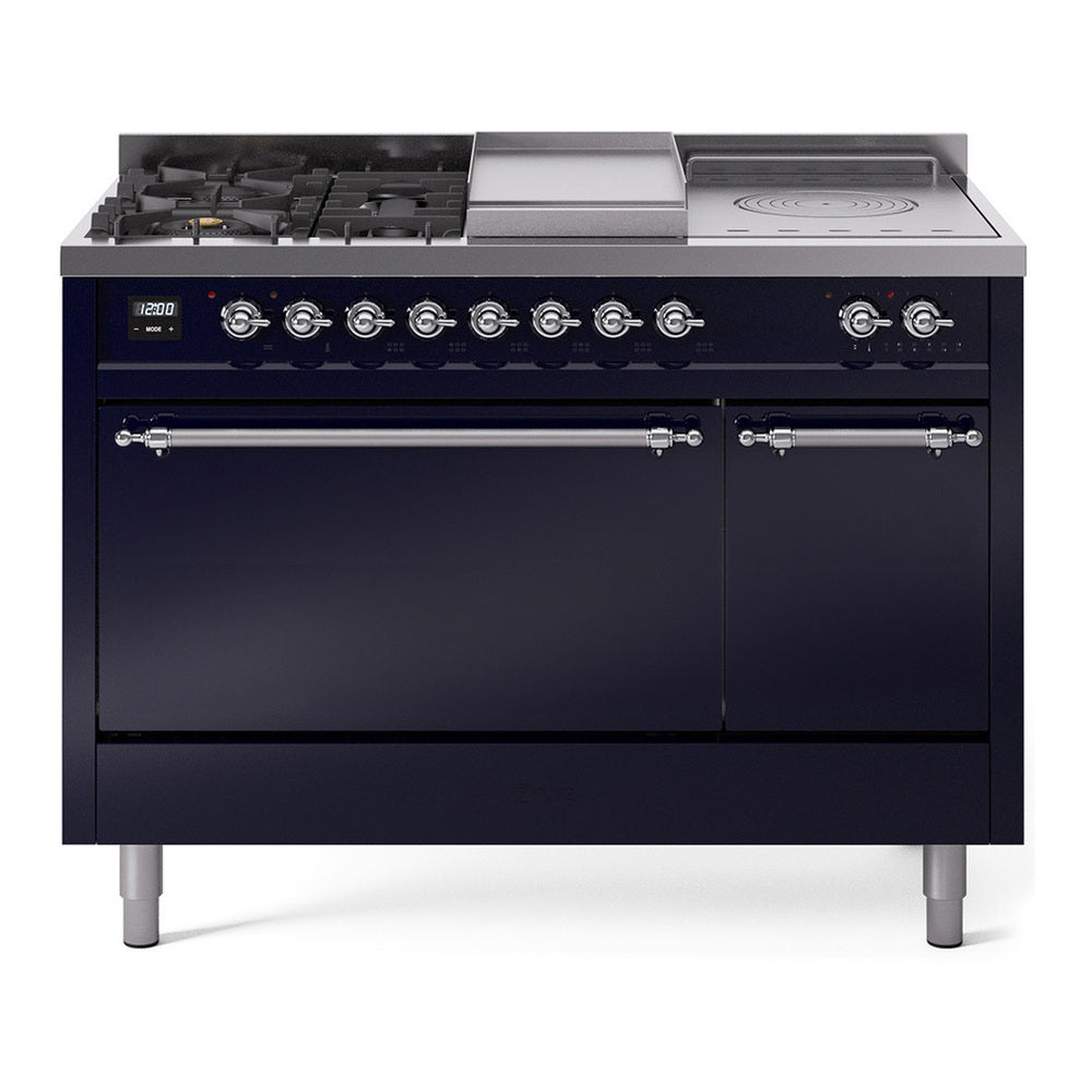 ILVE Nostalgie II 48" Dual Fuel Range - Double Ovens, 5 Burners + Griddle + French Top - Solid Door - Midnight Blue / Chrome / Natural Gas