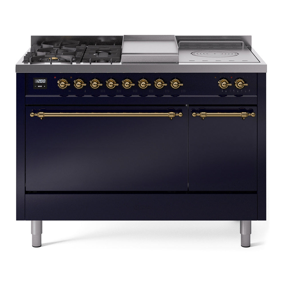 ILVE Nostalgie II 48" Dual Fuel Range - Double Ovens, 5 Burners + Griddle + French Top - Solid Door - Midnight Blue / Brass / Natural Gas