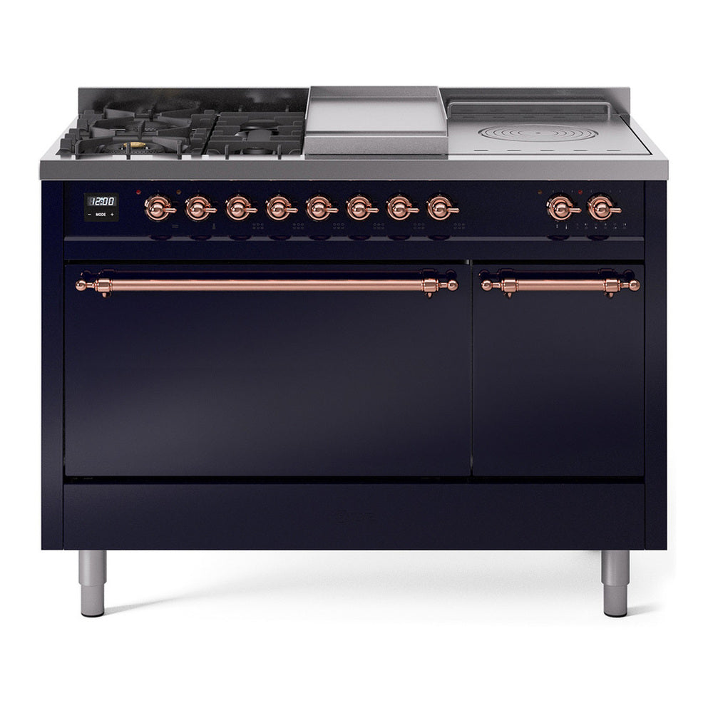 ILVE Nostalgie II 48" Dual Fuel Range - Double Ovens, 5 Burners + Griddle + French Top - Solid Door - Midnight Blue / Copper / Natural Gas