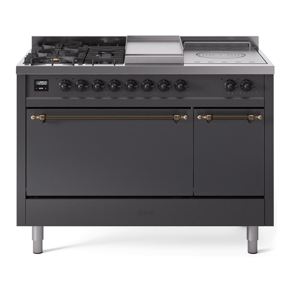 ILVE Nostalgie II 48" Dual Fuel Range - Double Ovens, 5 Burners + Griddle + French Top - Solid Door - Graphite Matte / Bronze / Natural Gas