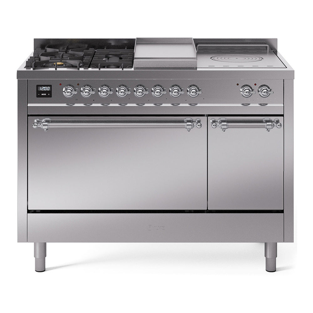 ILVE Nostalgie II 48" Dual Fuel Range - Double Ovens, 5 Burners + Griddle + French Top - Solid Door - Stainless Steel / Chrome / Natural Gas