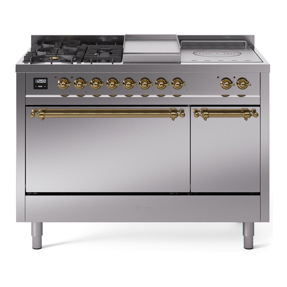 ILVE Nostalgie II 48" Dual Fuel Range - Double Ovens, 5 Burners + Griddle + French Top - Solid Door - Stainless Steel / Brass / Natural Gas