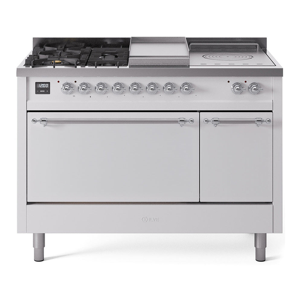 ILVE Nostalgie II 48" Dual Fuel Range - Double Ovens, 5 Burners + Griddle + French Top - Solid Door - White / Chrome / Natural Gas
