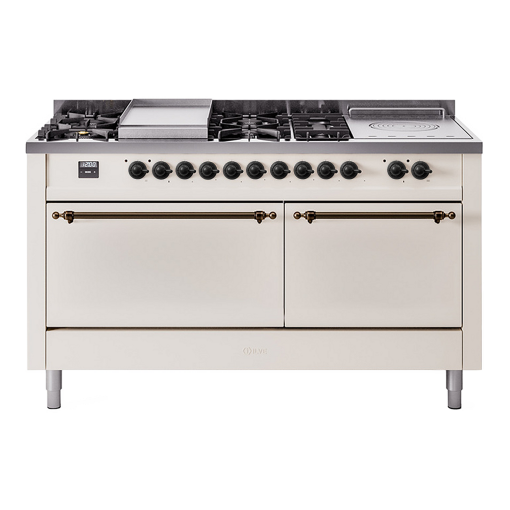 ILVE Nostalgie II 60" Dual Fuel Range - Double Ovens, 7 Burners + Griddle + French Top - Solid Door - Antique White / Bronze / Natural Gas
