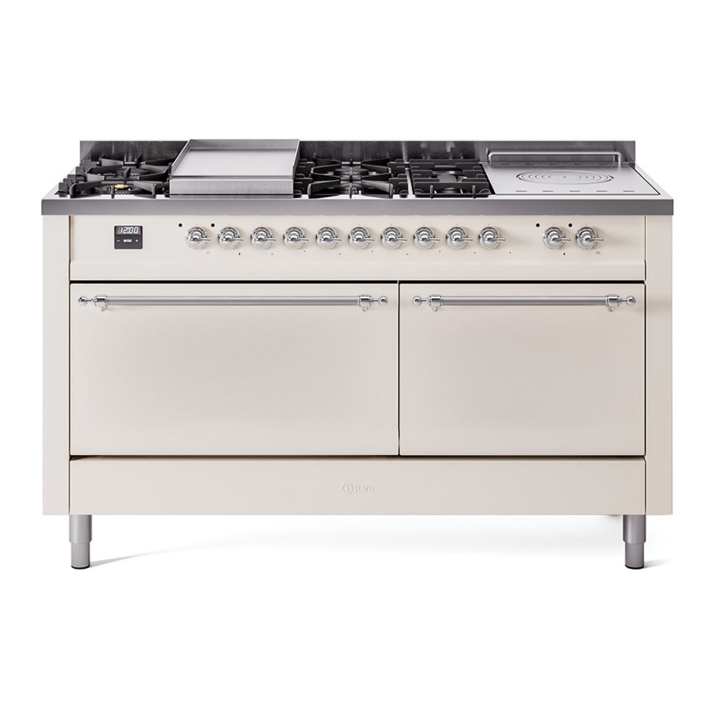 ILVE Nostalgie II 60" Dual Fuel Range - Double Ovens, 7 Burners + Griddle + French Top - Solid Door - Antique White / Chrome / Natural Gas