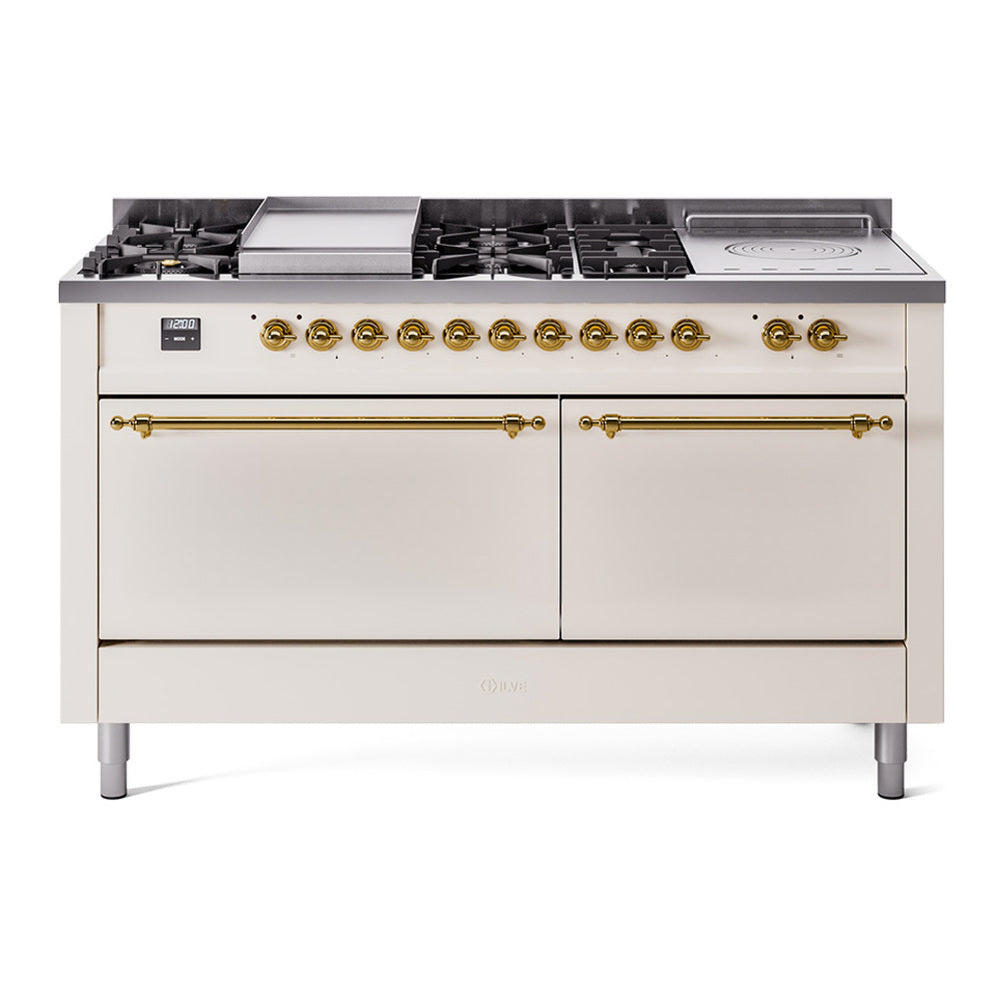 ILVE Nostalgie II 60" Dual Fuel Range - Double Ovens, 7 Burners + Griddle + French Top - Solid Door - Antique White / Brass / Natural Gas