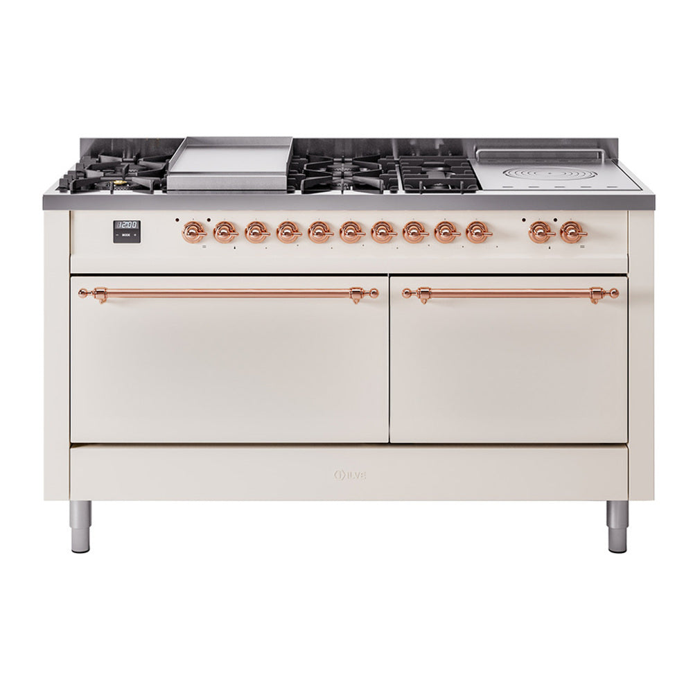 ILVE Nostalgie II 60" Dual Fuel Range - Double Ovens, 7 Burners + Griddle + French Top - Solid Door - Antique White / Copper / Natural Gas